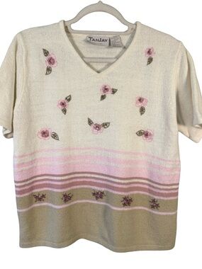 TanJay Petites Cream Floral Embroidery Knit Top Size MP Cottagecore Vintage